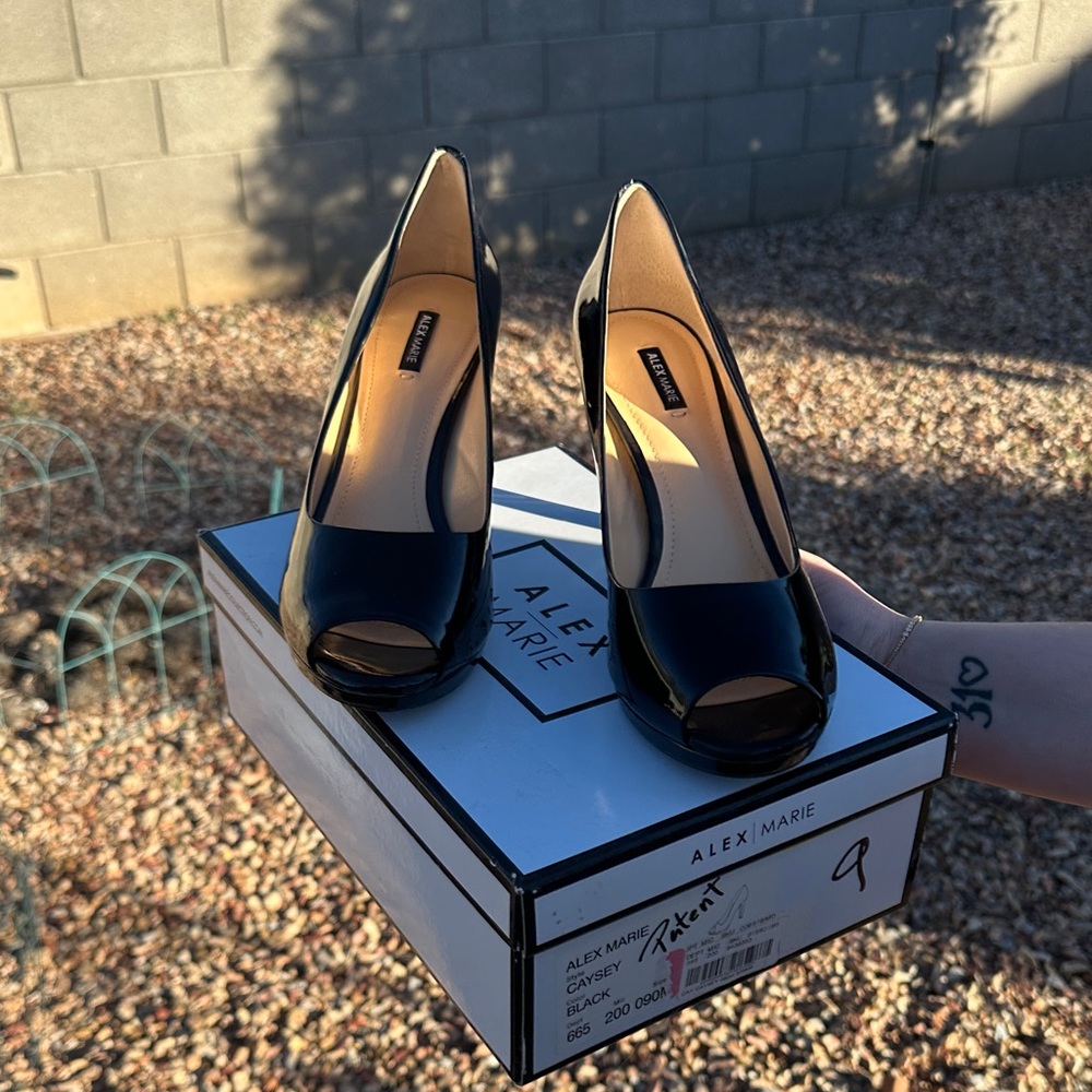 Alex Marie Glossy Black Peep Toe Heels
